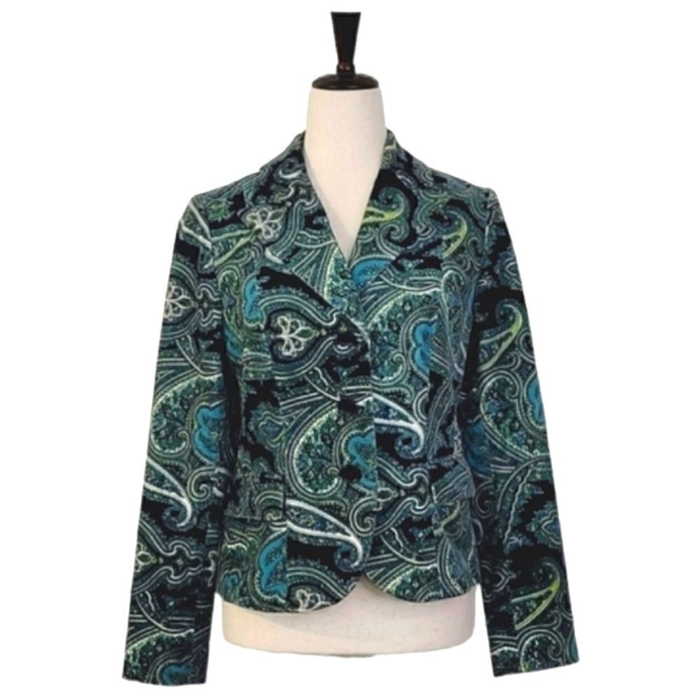 Talbots Teal Paisley Patterned Velvet Stretch Buttoned Blazer Size 4 - Picture 2 of 10